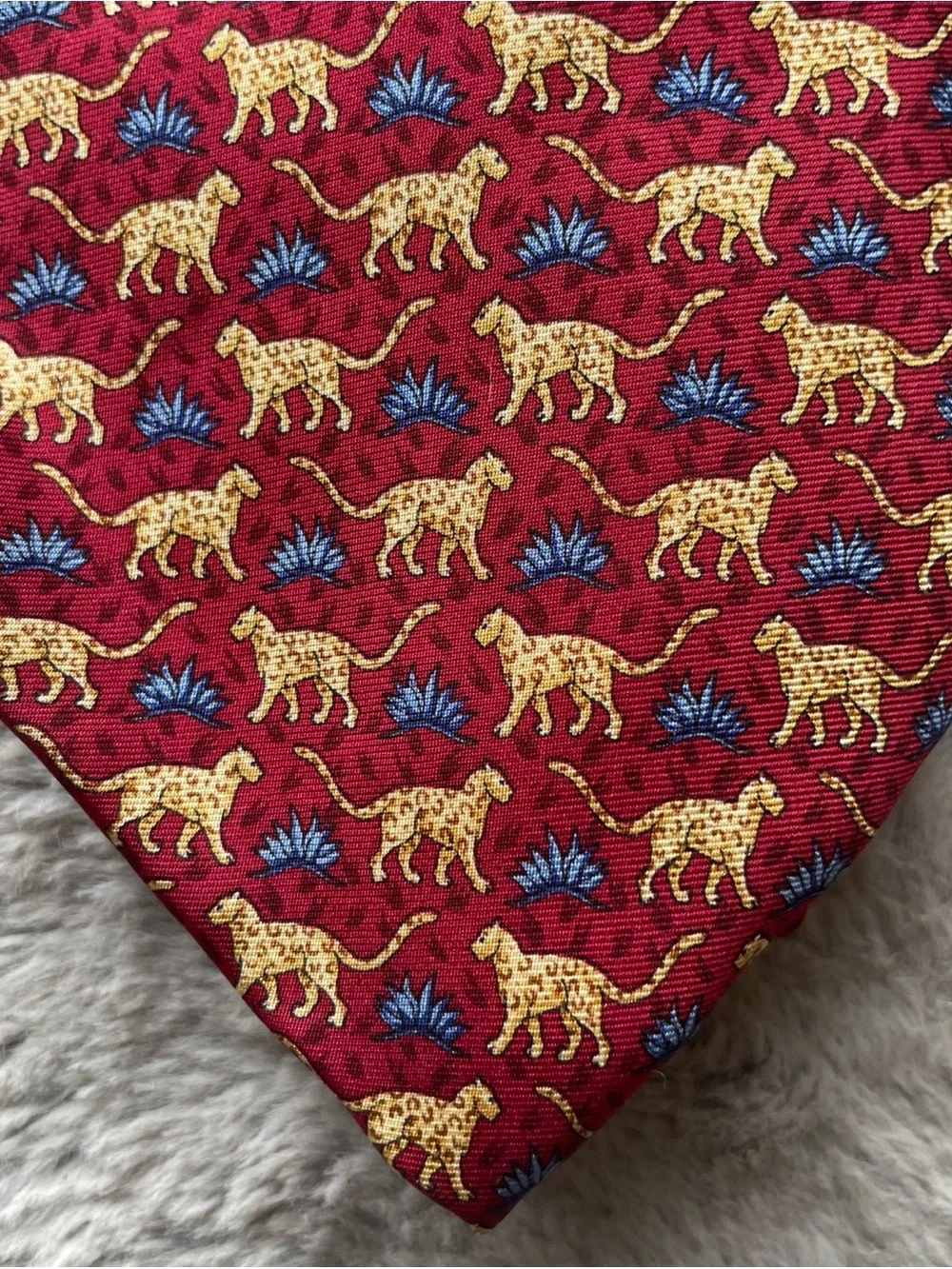 Brooks Brothers Red Silk Tie with Yellow Animal Motif and Blue Accents
